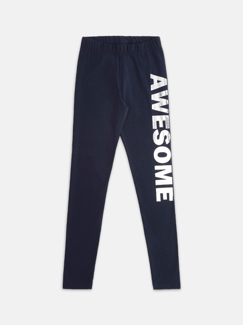 

Pantaloons Junior Girls Navy Blue & White Typography Printed Ankle-Length Cotton Leggings