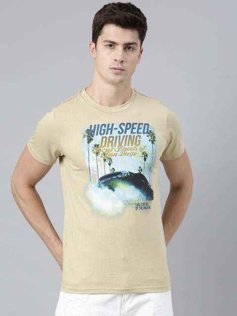 

QUANCIOUS Men Beige Printed Round Neck T-shirt