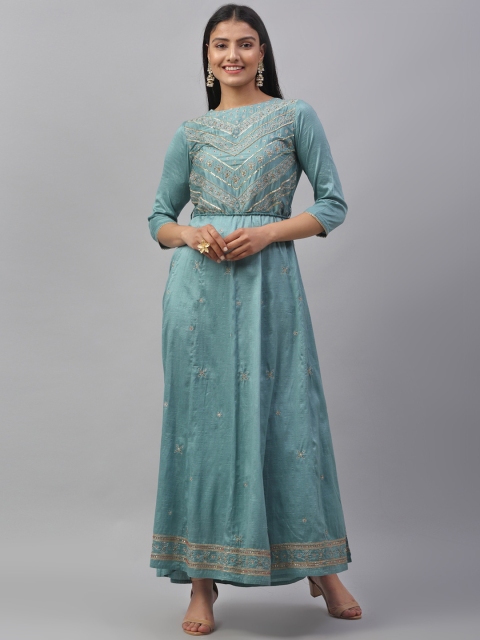 

ANAISA Women Blue Flared Chanderi Embroidery Maxi Dress With Belt