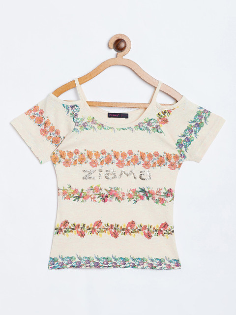 

Ziama Off White Floral Printed Cold-Shoulder Sleeves Regular Top