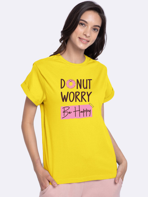 

Bewakoof Women Yellow Printed Round Neck Pure Cotton T-shirt