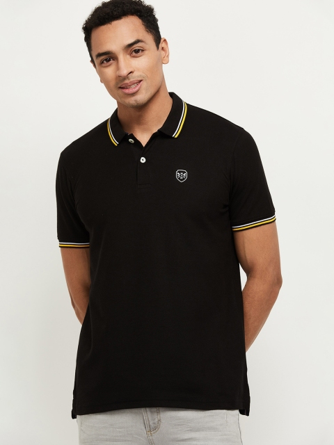 

max Men Black Solid Polo Collar T-shirt