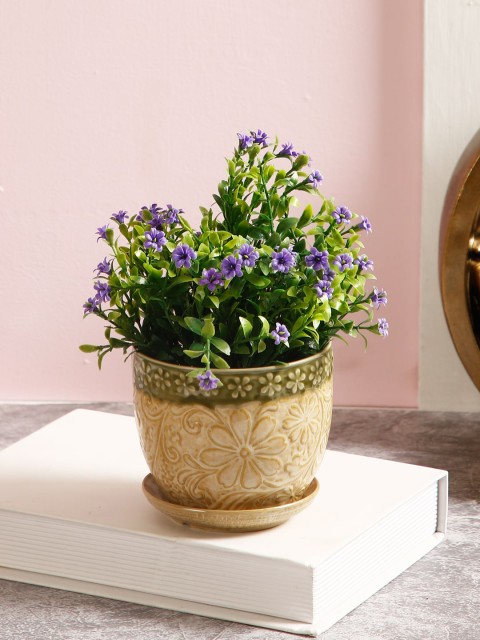 

Aapno Rajasthan Beige & Green Floral Textured Ceramic Pot