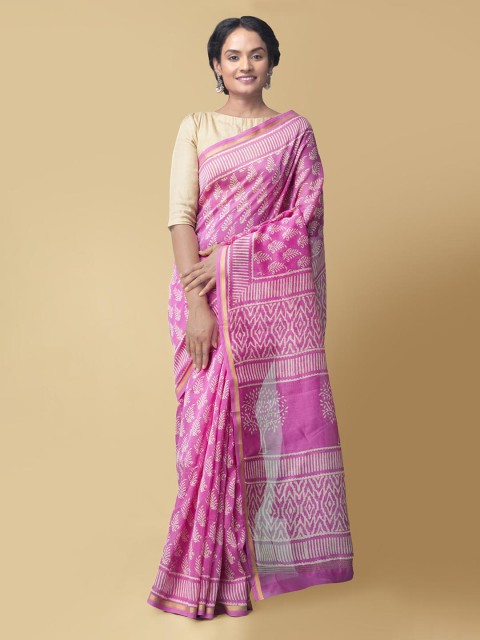 

Unnati Silks Pink Silk Cotton Printed Chanderi Saree