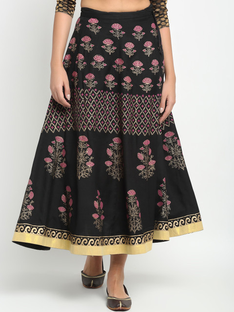 

Karmic Vision Women Black & Pink Printed Pure Cotton A-Line Maxi Skirt