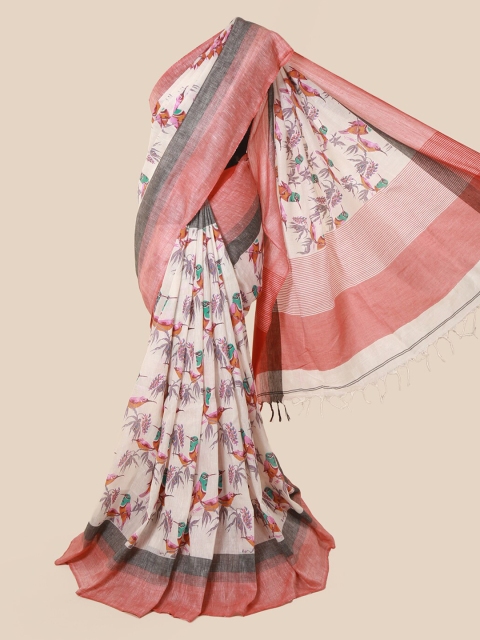 

Pothys Cream-Coloured & Pink Linen Blend Printed Saree