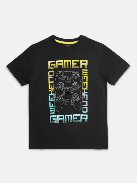 

Pantaloons Junior Boys Black Yellow Printed Round Neck Cotton Pure Cotton T-shirt