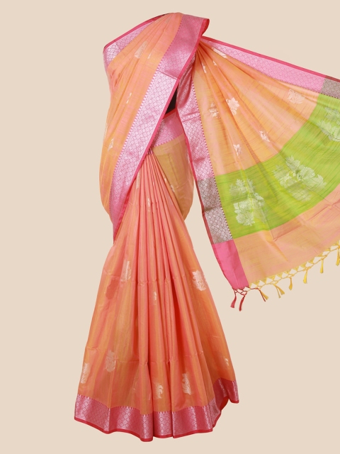 

Pothys Peach-Coloured & Green Cotton Blend Woven Design Saree