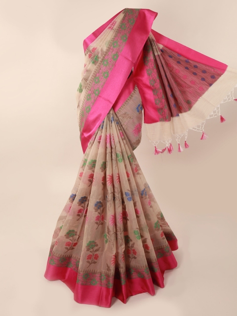 

Pothys Cream-Coloured & Pink Supernet Woven Design Saree