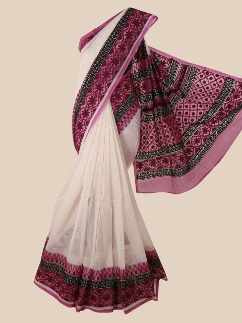 

Pothys Off-White & Pink Supernet Printed Saree