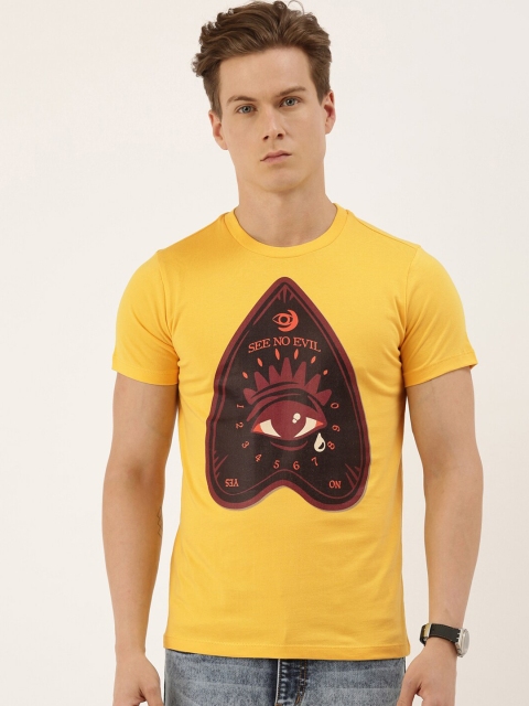 

QUANCIOUS Men Mustard Printed Round Neck Organic Cotton Sustainable T-shirt