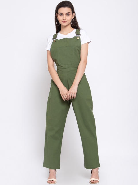

Zastraa Women Olive Green Solid Pure Cotton Slim-Fit Dungarees