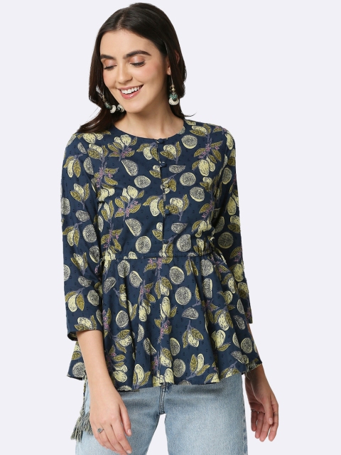 

Bewakoof Blue Printed Pure Cotton Peplum Top