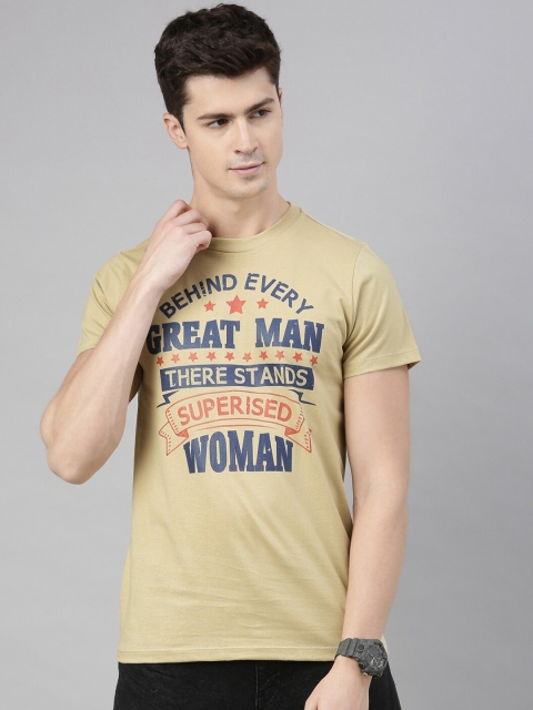 

QUANCIOUS Men Beige & Navy Blue Printed Round Neck Organic Cotton Sustainable T-shirt