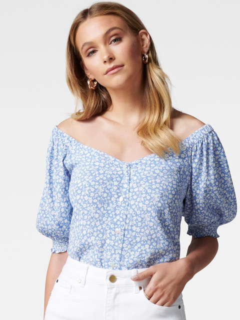 

Forever New Blue & White Floral Printed Off-Shoulder Puff Sleeves Bardot Crop Top