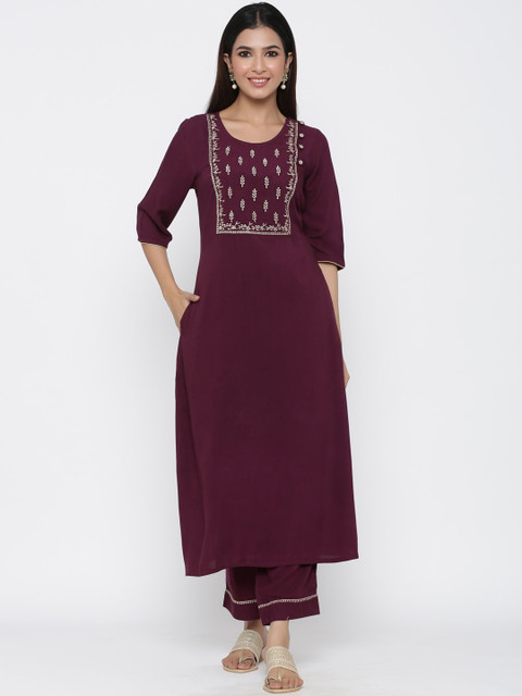 

Jaipur Kurti Women Burgundy Embroidered Kurta with Trousers