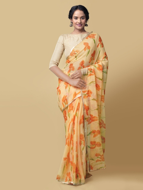 

Unnati Silks Yellow Pure Chiffon Floral Printed Bhagalpuri Saree