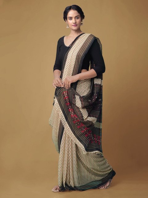 

Unnati Silks Cream-Coloured & Brown Pure Chiffon Printed Handloom Bhagalpuri Saree