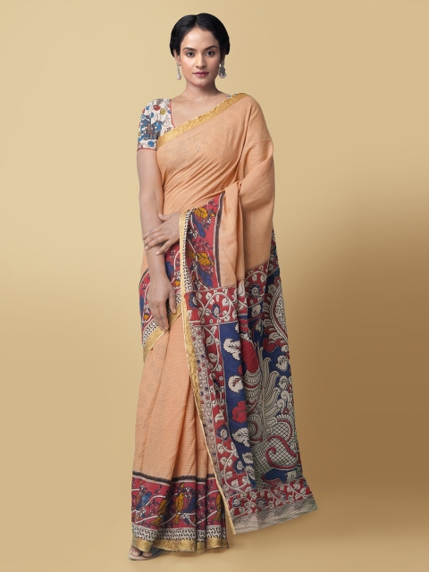 

Unnati Silks Brown Pure Cotton Kalamkari Printed Kanjeevaram Saree