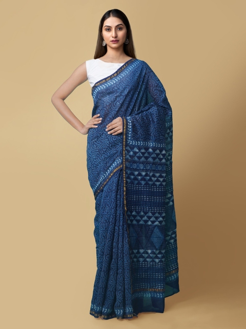 

Unnati Silks Blue Silk Cotton Printed Chanderi Saree