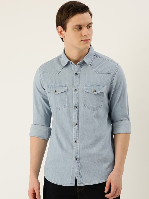 

IVOC Men Blue Slim Fit Solid Cotton Denim Casual Shirt