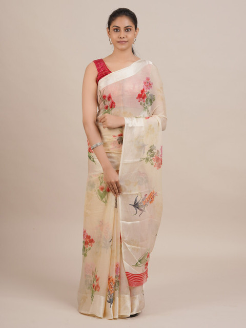 

Pothys Cream-Coloured Printed Poly Chiffon Saree