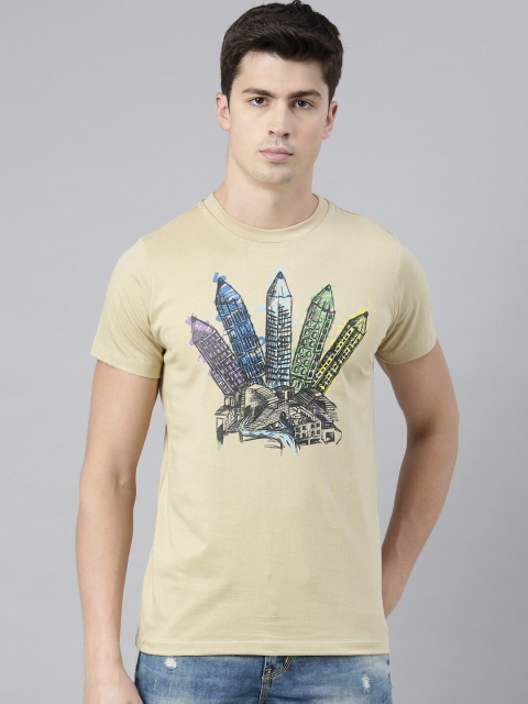 

QUANCIOUS Men Beige & Grey Printed Round Neck Organic Cotton Sustainable T-shirt