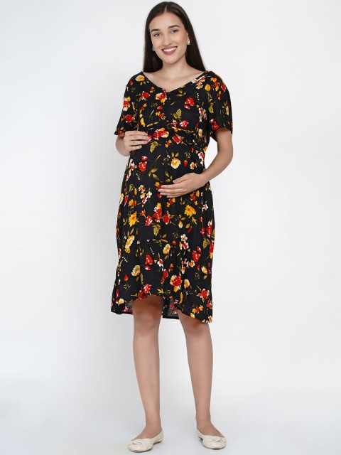 

Mine4Nine Women Black Printed Fit and Flare Maternity Dress