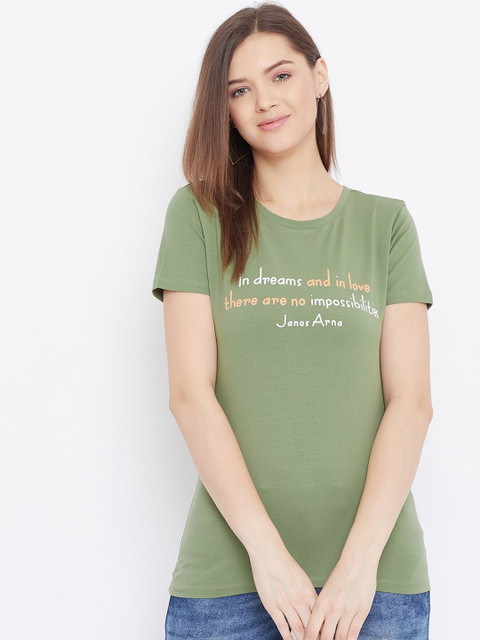 

Bishop Cotton Women Olive Green Printed Round Neck T-shirt
