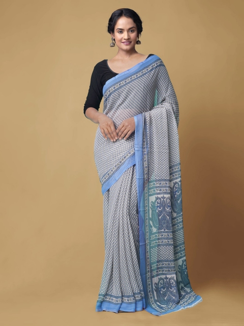 

Unnati Silks Cream-Coloured & Blue Pure Chiffon Printed Bhagalpuri Saree