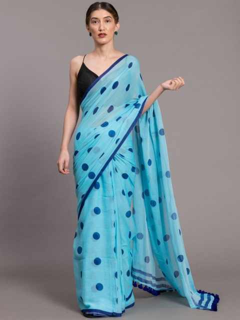 

Suta Blue Polka Dots Printed Pure Cotton Saree