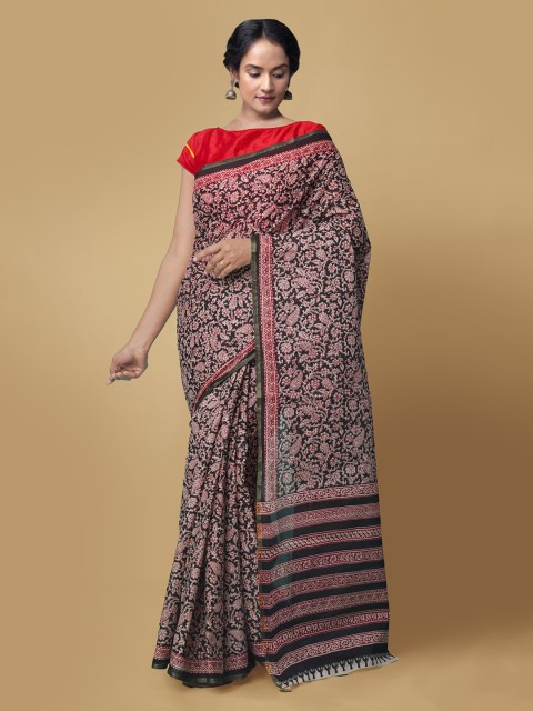 

Unnati Silks Women Black & Red Pure Bagru Printed Cotton Saree