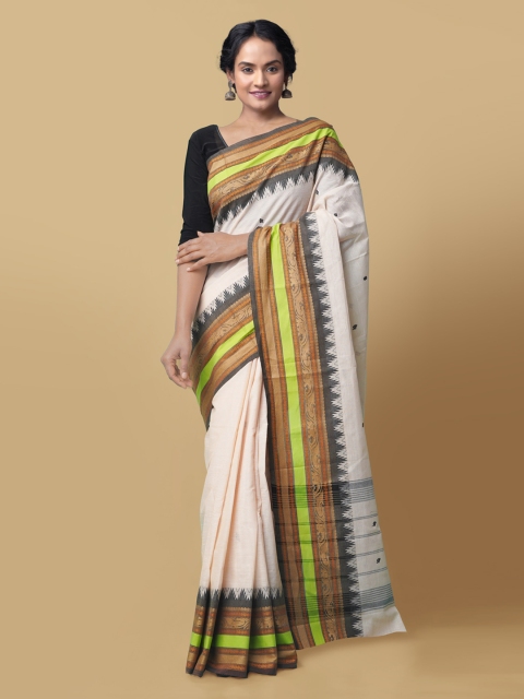 

Unnati Silks Cream-Coloured & Black Pure Cotton Solid Chettinad Handloom Saree