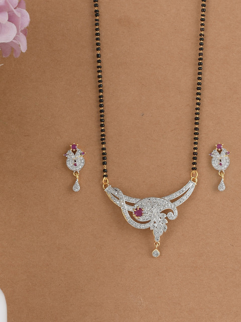 

Silvermerc Designs Gold-Plated Black Beaded White & Pink AD-Studded Mangalsutra With Earrings