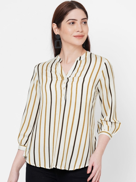 

109F Beige & Black Striped Mandarin Collar Shirt Style Top