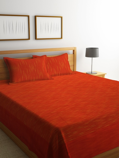 NEUDIS Orange & Yellow Striped Jacquard Double King Bed Cover With 2 Pillow Covers