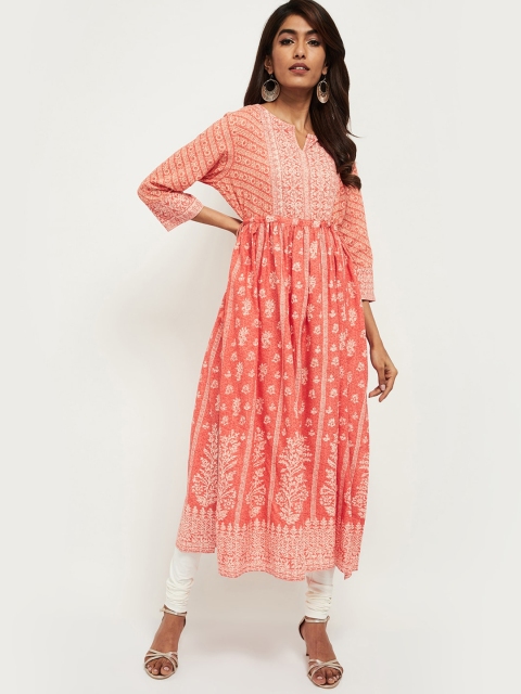

max Women Coral Pink Floral Printed Anarkali Kurta