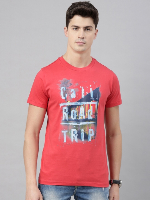 

QUANCIOUS Men Coral Red & Black Printed Round Neck Organic Cotton T-shirt