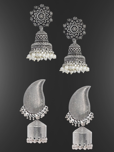 

OOMPH Set Of 2 Silver-Toned Oxidised Contemporary Jhumkas