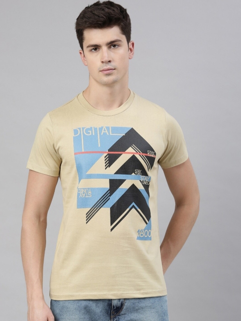 

QUANCIOUS Men Beige Printed Round Neck Organic Cotton T-shirt