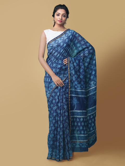 

Unnati Silks Blue Silk Cotton Dabu Printed Chanderi Saree