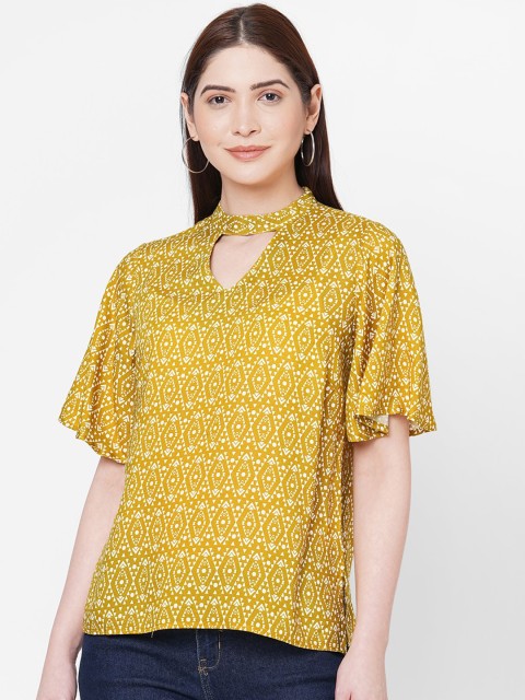 

109F Yellow Printed Choker Neck Flared Sleeves Regular Top