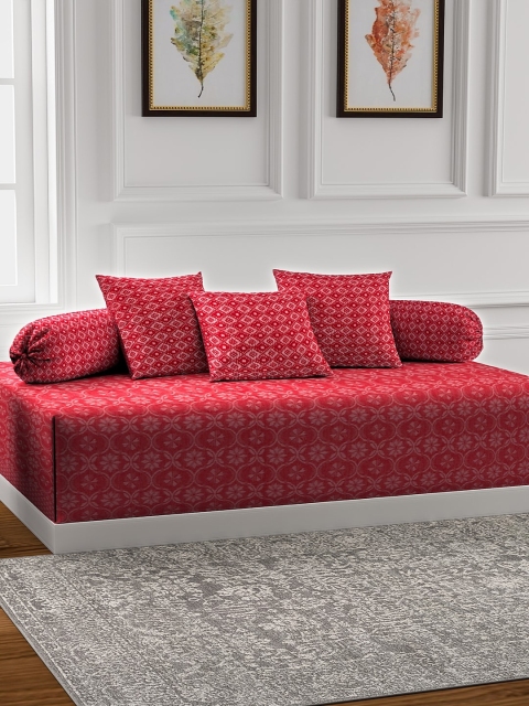 

NEUDIS Set of 6 Red Hand-Woven Jacquard Cotton Bedsheet With Bolster & Cushion Covers