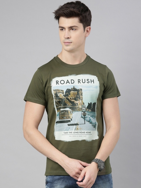 

QUANCIOUS Men Olive Green Printed Round Neck Organic Cotton T-shirt