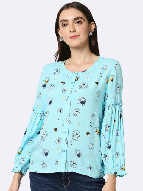 

Bewakoof Blue Printed Bishop Sleeves Pure Cotton Regular Top