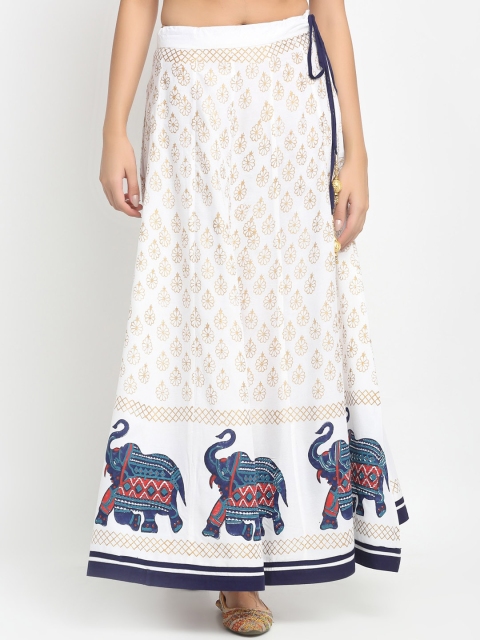 

Karmic Vision Women White & Golden Printed Pure Cotton Flared Maxi Skirt