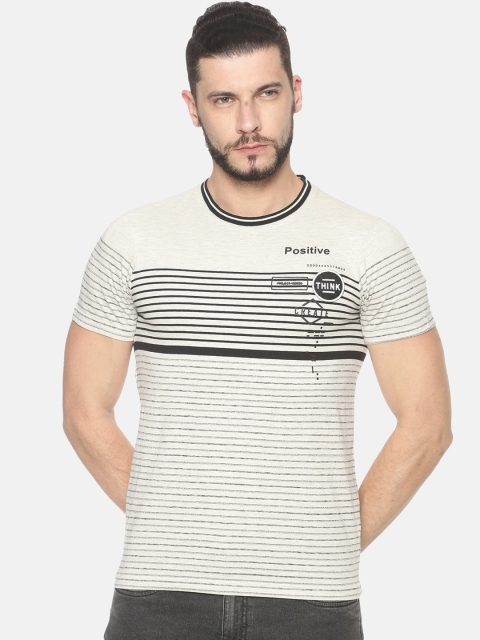

HALTON HILLS Men Cream-Coloured & Black Striped Round Neck T-shirt