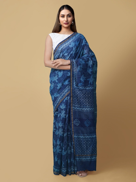 

Unnati Silks Blue & Off-White Silk Cotton Printed Chanderi Saree