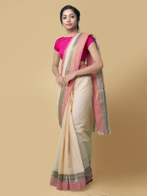 

Unnati Silks Cream-Coloured & Pink Pure Cotton Solid Chettinad Saree