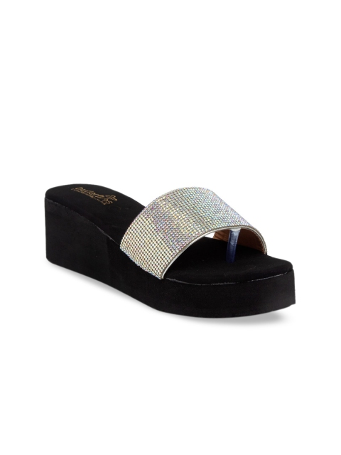 

Butterflies Women Silver-Toned & Black Embellished Wedges